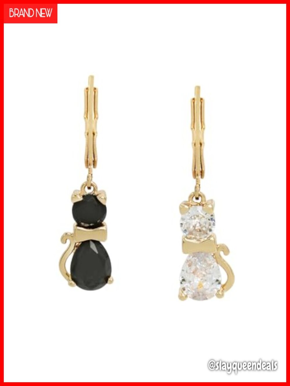 CZ Cat Mismatched Drop Earrings - Gold-Tone Lever Back